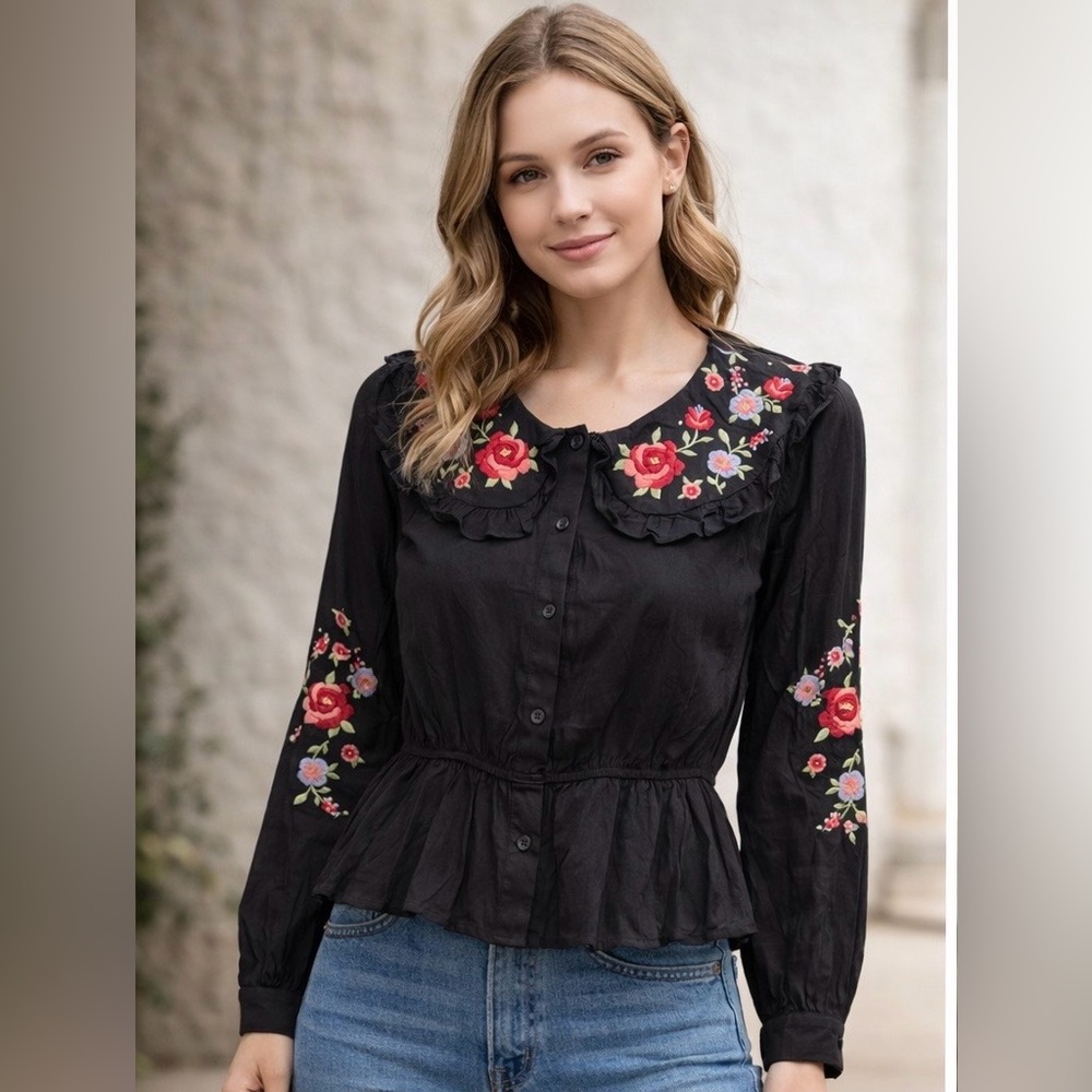 Savanna Jane Black Blouse with Red Floral Embroidery
